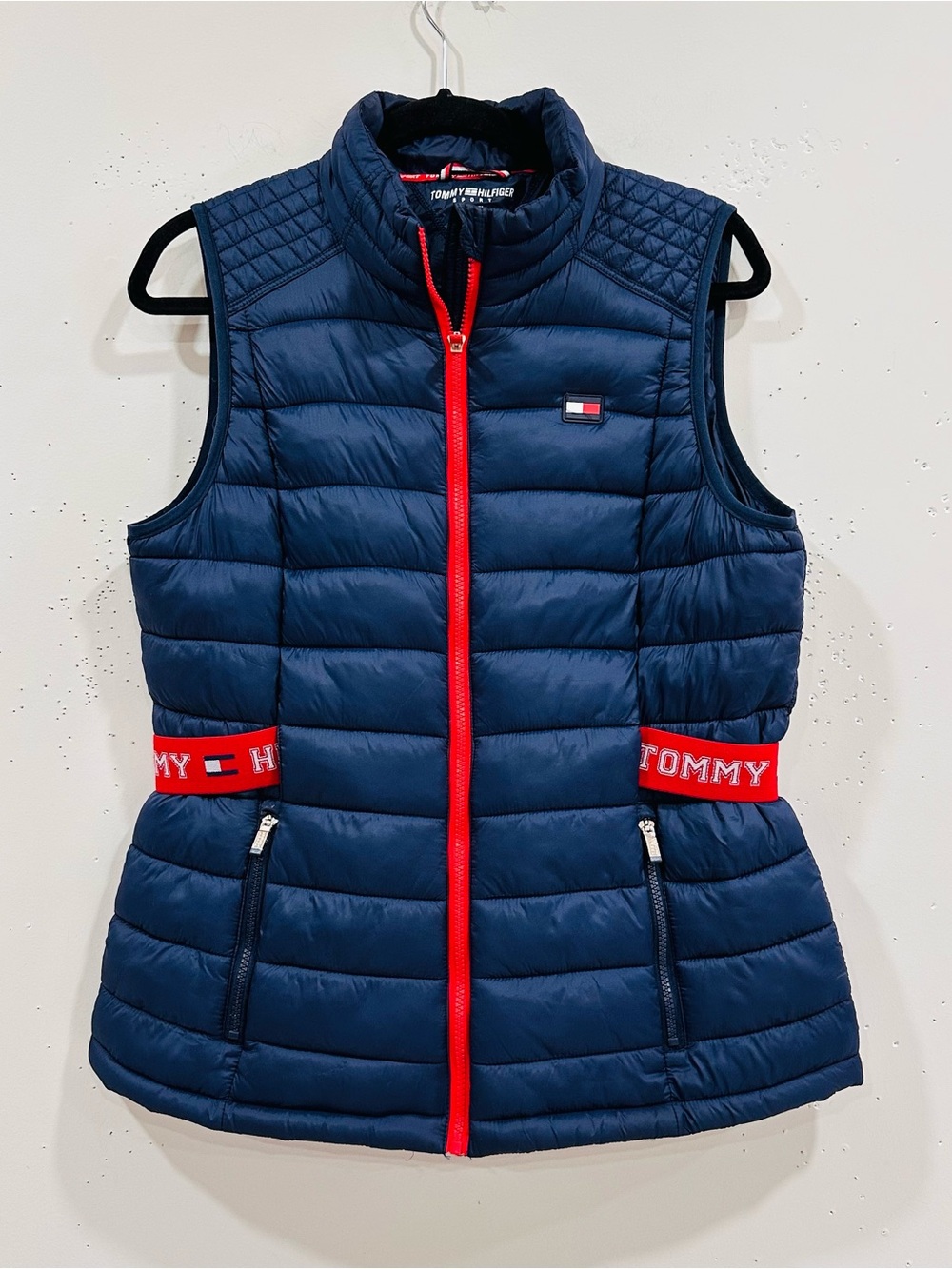 Tommy Hilfiger Sport Puffer Vest Women's Size L Blue Red Zip Quilted Gilet
